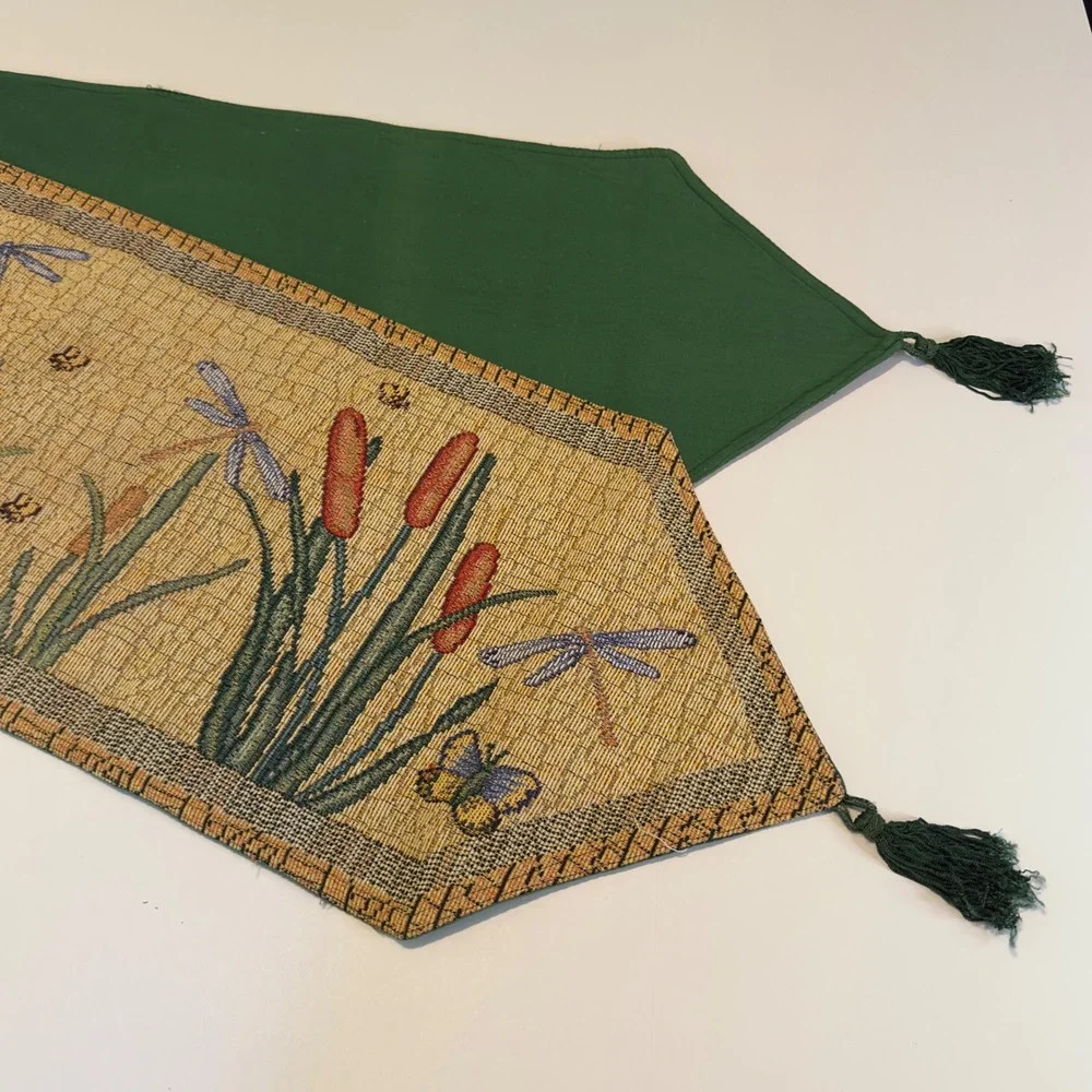Woven Tapestry Table Runner Green Gold Dragonfly Nature 39x12 Vintage Whimsical